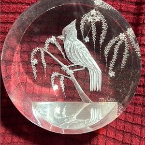 Vintage Hand engraved lucite paperweight with cardinal.